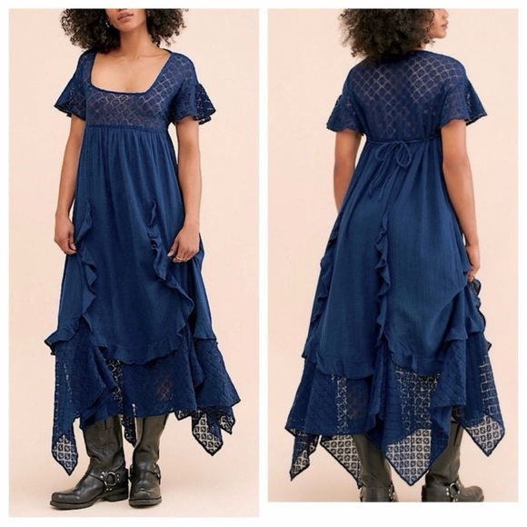 Free People Free-est Bring The Romance Midi Dress in Navy